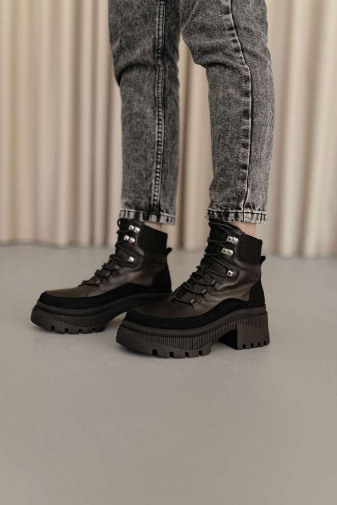 Черевики зимові шкіра+замш чорні Aidini